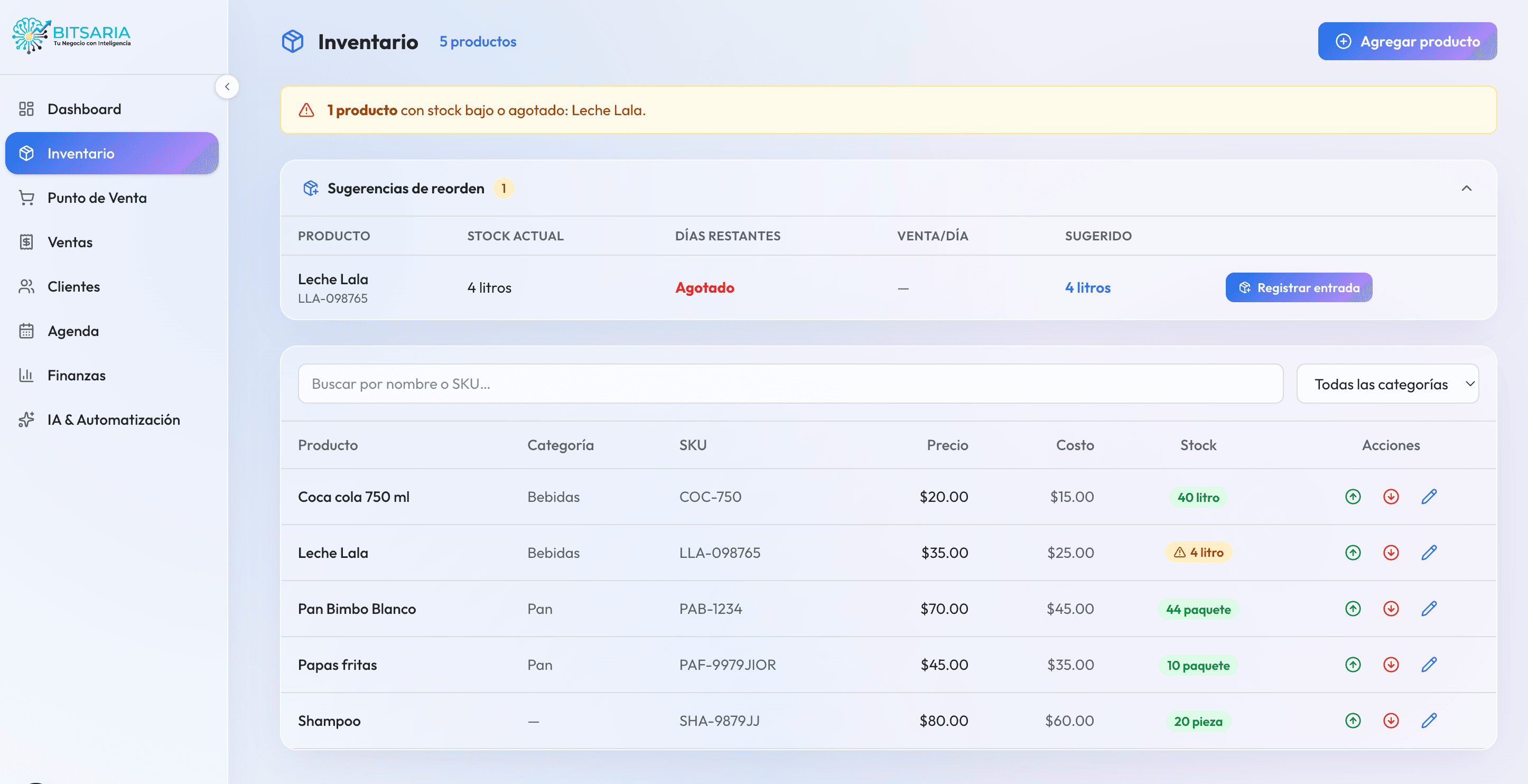 Módulo de inventario de BITSAR con listado de productos, stock actual y alertas de bajo inventario en tiempo real