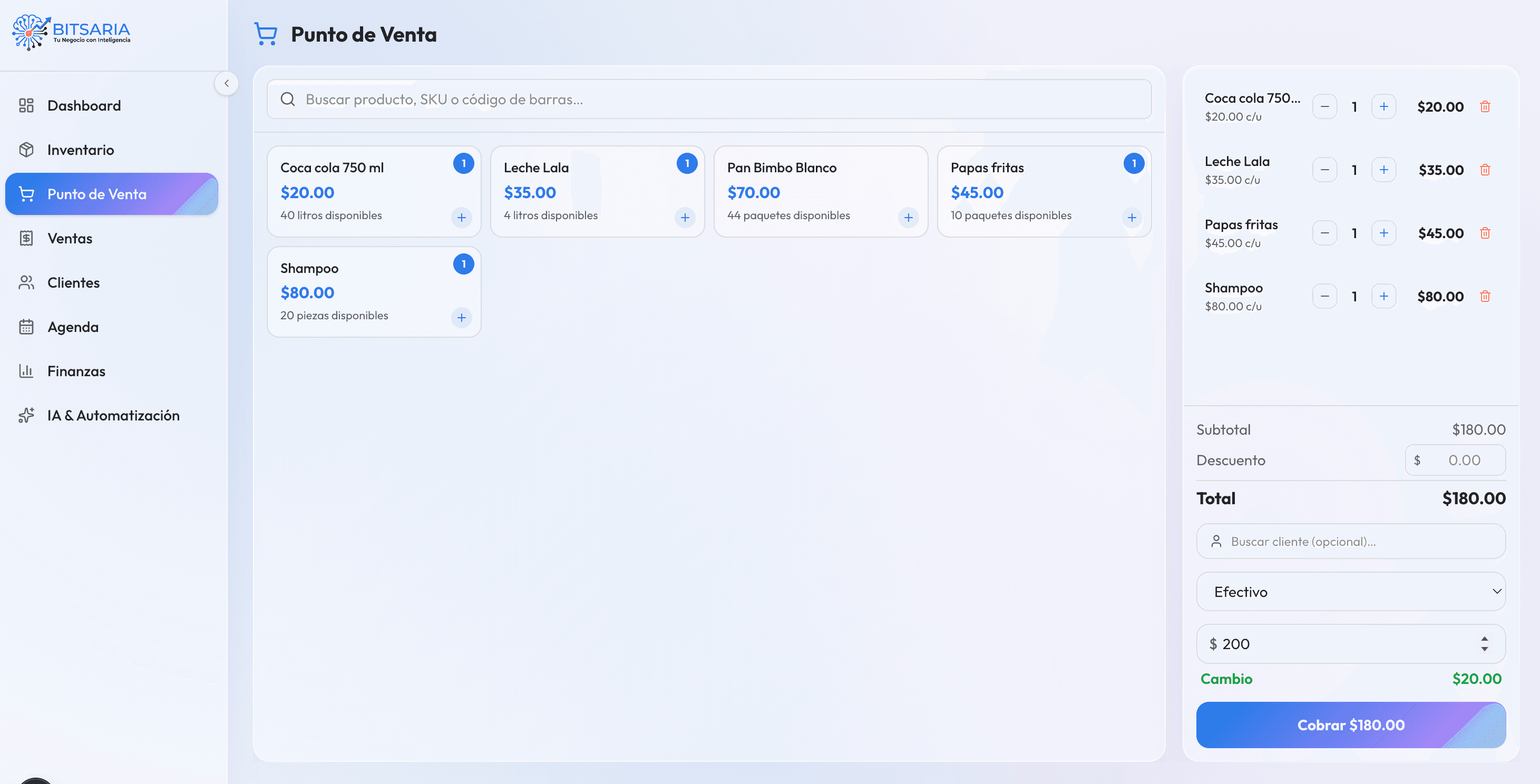 Punto de venta de BITSAR con selección de productos, total de venta y opciones de pago en efectivo, tarjeta o transferencia